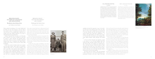An open book showing a two-page spread with text in both English and German. The layout features columns of text, a vintage black-and-white photograph of a family in the center, and a color painting of a lush green landscape with a castle in the upper-right corner.
