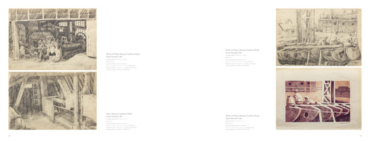 An open book spread on a white background, showing four artworks depicting shipyard life. The left page has two graphite sketches of workshop interiors. The right page has a graphite sketch of men building a boat and a color linocut of workers on a boat's frame. Each image is accompanied by a text caption.