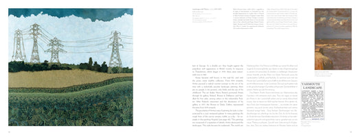 A two-page spread from an art book. The left page features a large painting of a rural landscape with three prominent electricity pylons standing in textured green and yellow fields under a cloudy sky. The right page contains columns of text in English and German, along with three smaller inset images of coastal paintings.