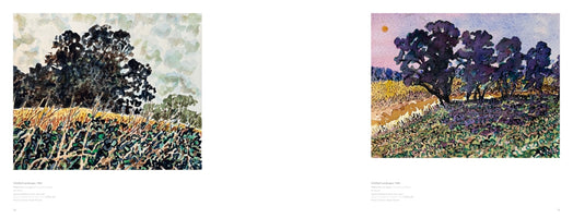 A two-page spread from an art book displaying two watercolor landscape paintings from 1968. The painting on the left shows dark trees behind a field under a cloudy sky. The painting on the right depicts purple-hued trees casting long shadows over a field at sunset, with a yellow sun in a pink sky.