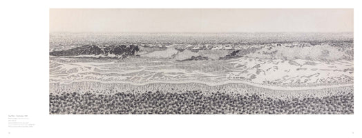 A detailed, panoramic pencil drawing of a seascape in black and white, titled Sea Mist - Gorleston, 1981. The composition shows a stony beach in the foreground, with layers of waves and white seafoam rolling toward the shore. The sea extends to a pale, misty horizon.