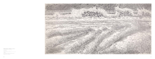 A detailed black and white drawing of a wave breaking on the shore. The foreground is a sandy beach covered with rows of textured beach grass, while the background shows the foamy white crest of the wave against the darker sea and a distant, tree-lined coast.