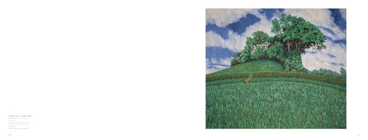 A book open to a page showing the painting Clump of Trees - Ireland, 1983. The artwork depicts a lush, green Irish landscape. A grassy field fills the foreground, leading back to a hedge and a small hill with a thick stand of trees. A dramatic sky with bands of white clouds is overhead.