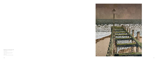 A page from an art book featuring the 1982 painting Breakwater with Purple Sky. The artwork on the right shows a weathered, moss-covered wooden breakwater extending from a sandy beach into a dark, choppy sea under a heavy, overcast sky with purplish-brown tones.