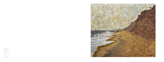 A two-page spread from an art book. The left page contains text in Cyrillic script. The right page shows a post-impressionist painting of a stormy coastal scene. A steep, dark brown cliff dominates the right, bordering a golden, pebbly beach. To the left, the sea has white-crested waves crashing on the shore. The sky is filled with vertical strokes of yellow and grey, suggesting rain.