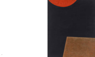 An open book spread shows a blank white page on the left with the number 22 in the corner. The right page features an abstract painting with a dark navy background. At the top is a large segment of a red-orange circle, and at the bottom right is an angular, earth-toned brown shape.