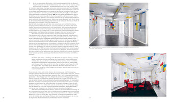 A two-page spread from an art book in German, featuring text and two color photographs of Fritz Glarner's Rockefeller Dining Room. The top photo shows the abstract geometric mural with red, yellow, and blue shapes installed in a modern, empty gallery. The bottom photo shows the same mural in its original context as a dining room with a long table and red chairs.