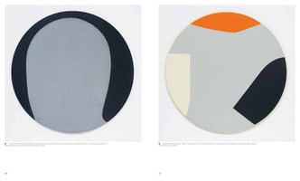 A two-page spread from a book, showing two circular abstract paintings by Leon Polk Smith. On the left, a light gray U-shape is set against a dark gray background. On the right, a light gray circle is accented with orange, off-white, and black shapes.