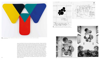 An art book page featuring works by Leon Polk Smith. On the left is a colorful abstract painting, Constellation Y, with large, interlocking geometric shapes in yellow, black, red, teal, and blue. On the right, a black-and-white series shows the process for Constellation Twelve Circles: from initial drawings of circles, to workers on scaffolding installing the wall mural, to the finished piece in a modern building lobby. German text is at the bottom.