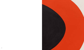 A minimalist abstract composition split vertically. The left side is solid white. The right side features a close-up of a painting with a large, textured red-orange curve and a black crescent-like shape on an off-white background.