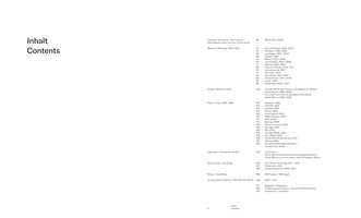 A minimalist two-page spread of a book's table of contents, titled Inhalt / Contents. The page on the right lists the book's sections bilingually in German and English, including Paintings, Films, Drawings, Essays, and an Interview, each with associated page numbers.