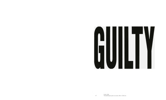 A minimalist, black and white artwork showing the word GUILTY in a large, bold, sans-serif font on the right side of a white canvas. A caption at the bottom reads: Guilty, 1995, Household gloss paint on canvas, 152.4 x 218.4 cm.