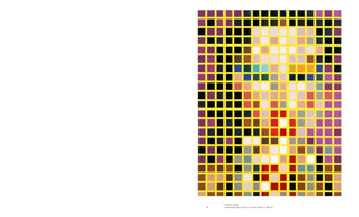 A page from a book or catalog displaying a square, pixelated painting on the right side. The artwork is an abstract, close-up portrait of a face, composed of a grid of colored squares with yellow lines. The face is rendered in light tones with red lips against a dark purple and black background. Below the image is the caption: KTMSS, 2000.