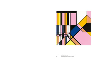 A page from an art book displays a square, geometric abstract painting titled Adnoc [Abu Dhabi], 2018. The composition is divided by thick black lines into a grid of colorful vertical stripes on the left and larger, angular planes of solid color on the right. The palette includes prominent areas of pink, yellow, and blue, along with black, white, and tan.