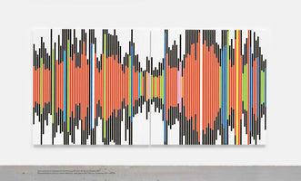 A large, two-panel abstract painting hangs on a white gallery wall. The artwork consists of a dense pattern of vertical stripes in various colors, primarily red and black, with accents of blue, green, and yellow. The lengths of the stripes vary to create a symmetrical, mirrored shape across the two panels, resembling a sound wave.