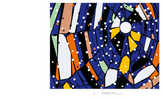 An abstract painting on a book page, featuring a vibrant blue background fractured by a black, web-like pattern that radiates from a white circle in the upper right. The geometric sections are filled with solid colors including white, yellow, orange, light green, and tan. The entire composition is overlaid with a scattering of small white, black, and orange dots.