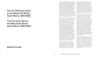 A clean, two-page spread from a book. The left page features the title Aus der Höhle des Löwen in den Bauch der Bestie: Sarah Morris, 1995–2022, with its English translation below it, From the Lion's Den to the Belly of the Beast. The author is Bettina Funcke. The right page contains two columns of text, one in German and one in English, discussing the artist's work.