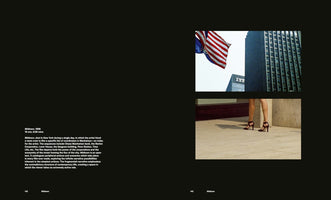 A two-page spread from a book with black pages. The left page features a block of white text describing the film Midtown, 1998. The right page displays two vertically stacked color film stills. The top still shows an American flag waving in front of a dark skyscraper. The bottom still is a low-angle shot of a person's legs wearing dark high heels, standing on a stone plaza.