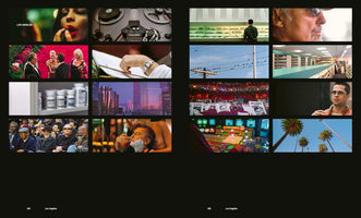 A two-page spread from a book about Los Angeles, featuring a collage of 16 photos on a black background. The images depict a variety of LA-centric scenes, including a woman applying red lipstick, film equipment, celebrities like Jack Nicholson and Brad Pitt, a modern cityscape, prescription medication, a man getting a shave, a pharmacy, a TV production control room, and palm trees against a clear blue sky.