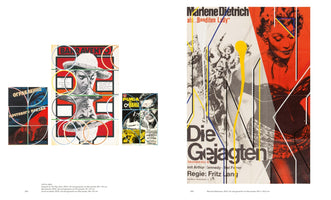 An open book shows a two-page spread of artworks. The left page displays three vintage film posters overlaid with colorful, intersecting circles and lines. The right page features a single, large German film poster of Marlene Dietrich in Die Gejagten, which has been overlaid with bold, abstract lines and a drip of yellow paint.