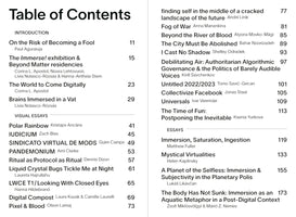 A two-column table of contents for a publication. The page is titled Table of Contents in a large, bold sans-serif font. The list is divided into sections including Introduction, Visual Essays, and Essays. Each entry includes the title of the work in bold, the author's name, and the page number on the right. Titles include On the Risk of Becoming a Fool, Brains Immersed in a Vat, and The Body Has Not Sunk. The layout is clean and minimalist on a white background.