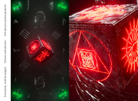 A split-panel image of a mysterious dark cube with glowing red symbols. On the left, the cube floats in a dark space surrounded by shattered fragments and green glowing polyhedra, with text stating Everybody shall be judged. The right panel is a close-up showing the cube's textured surface covered in intricate, glowing red geometric patterns.