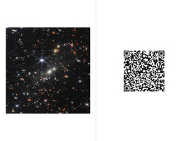 A vertically split image with two panels. The left panel displays the James Webb Space Telescope's First Deep Field, showing thousands of galaxies of different sizes, shapes, and colors against the blackness of space. The right panel shows a black QR code on a plain white background.