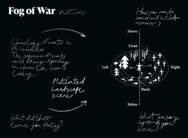 A set of design notes for a project titled Fog of War, presented as white handwritten text and diagrams on a black background. On the left, notes discuss a circular chronology of events in a VR Mutilated Landscape scene. On the right, a diagram illustrates a user's 360-degree perspective, surrounded by icons of trees and crosses. The notes include questions about immersion, feelings, and sensory input in the experience.