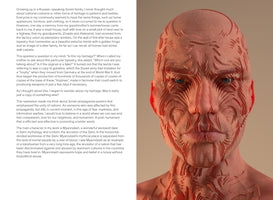 A page layout with a block of text on the left and a digital artwork on the right. The artwork is a close-up portrait of a person with intense blue eyes. Their entire face, neck, and shoulders are covered in elaborate, swirling patterns that appear to be carved into their skin, revealing a reddish layer beneath.