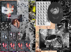 A dense, vertically-split collage. The left side features dark, industrial textures, a framed abstract painting with fiery colors, and a grid of glowing red biological cells. The right side is composed of vintage anatomical illustrations of human heads, mouths, and tongues, layered over a surreal, distorted black-and-white portrait of a man holding his eye open against a schematic background.