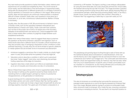 A two-page spread from a book about new media and virtual reality. The right page features a section titled Immersion and a colorful painting by Gianluca Lerici, Net-surfer, showing a cartoonish figure wearing a VR headset while surfing inside a large blue wave against an orange sky.