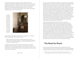 A page from an article, laid out in two columns of text. The left column contains an inset color photograph of a woman with glasses and a white hat sitting on a wooden pew inside a large, historic stone church with arched windows and chandeliers. The text on the page discusses virtual reality, religion, and art, with a large heading on the right that reads The Need for Roots.