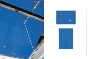An art catalog page displaying two artworks. A large photo on the left shows a blue-painted ceiling installation from a low angle, with painted potatoes attached and metal support beams visible. On the right, two smaller gouache paintings on cardboard show potatoes and white starbursts against a similar blue background.
