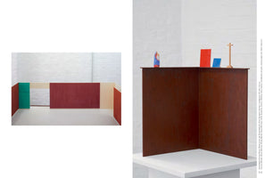 A diptych showing two minimalist art installations against a white brick wall. On the left, a corner is constructed from large, freestanding panels painted in solid blocks of dark red, green, and cream. On the right, a smaller, rust-colored corner sculpture rests on a white plinth, holding several small objects: a painted figurine, red and blue rectangular blocks, and a simple wooden cross.