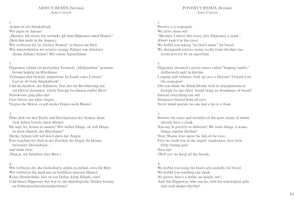 A page from a book showing a poem by Anne Carson. The poem is presented in two columns, with the German version, Armut Remix (Sestina), on the left, and the English translation, Poverty Remix (Sestina), on the right. The text is divided into four numbered stanzas.