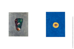 A diptych of two vertical abstract paintings. The painting on the left has a textured grey background with a dark, amorphous shape in the center containing photographic images of bread. The painting on the right features a vibrant blue background with a yellow circle in the middle, which contains a photographic image of bread with a textured topping.