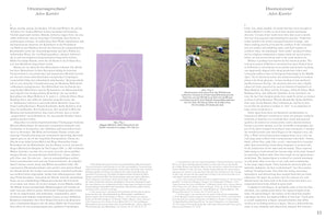 A two-page article spread by Aden Kumler, with German text on the left and English on the right. On the left is a large purple woodcut titled Beggar, depicting a hooded figure with two large hands. On the right is a smaller color photo of three people bent over in a grassy field.