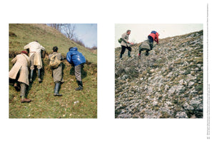 A diptych of two vintage color photographs showing people on a field trip. In the left image, four people in coats and boots are bent over, examining the ground on a steep, grassy hillside. In the right image, three people climb and inspect a more rugged, rocky slope.