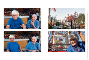 A four-panel photo collage. The two panels on the left show two elderly women in blue shirts sitting at a souvenir stall, talking animatedly and then laughing. The top right panel shows a whimsical amusement park. The bottom right panel is a close-up of one of the women smiling while on a Ferris wheel.