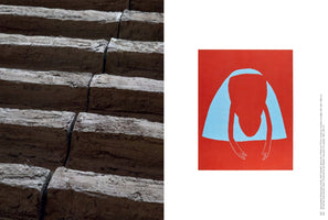A side-by-side layout from a book. On the left is a close-up, angled shot of dark, weathered wooden beams stacked in rows. On the right is a modern painting with a solid red background, depicting a stylized figure in a light blue cloak bending forward with arms outlined in white.