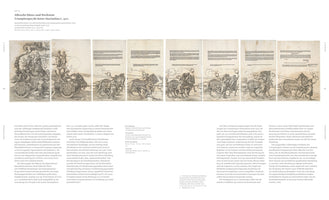 A book spread showing Albrecht Dürer's 1522 woodcut, Triumphal Car for Emperor Maximilian I. The artwork is a long, horizontal frieze composed of eight panels. It depicts a highly decorated allegorical chariot carrying an emperor and other figures, being pulled by twelve horses in six pairs, each guided by a female personification. The print is surrounded by descriptive German text.