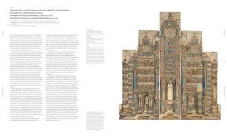 An open art catalog spread featuring a large, colored woodcut on the right page. This is the Triumphal Arch of Maximilian I by Albrecht Dürer and his workshop, depicting an ornate, multi-paneled architectural facade covered in intricate historical scenes, figures, and coats of arms. The left page contains descriptive text in German.
