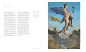 An open art book displays Albrecht Dürer's 1501 painting, Nemesis (The Great Fortune), on the right page, with German text on the left. The painting shows a nude, winged woman with a muscular physique standing on a sphere, floating in the sky. She holds a golden goblet and a bridle above a detailed aerial landscape of a town and mountains.
