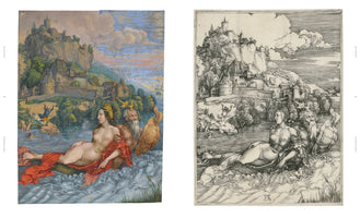 A side-by-side comparison of Albrecht Dürer's engraving, The Sea Monster, on the right, and a colored version of the same artwork on the left. The scene depicts a nude woman being carried away on the back of a scaly, bearded sea creature across the water. In the background, a large castle sits atop a rocky cliff, and small figures on the shore react with alarm to the abduction. The left image is a painting with blue, green, and red tones, while the right is a detailed black and white print.