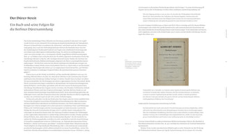 A two-page spread from a German-language publication by Michael Roth titled Der Dürer-Streit. The text is arranged in two columns, and the right page features an inset image of the title page of an older book, Albrecht Dürers Handzeichnungen.