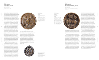A two-page spread from a German art catalog discussing the works of sculptor Hans Schwarz. The left page displays a large, circular wood relief of Saint Anne, Mary, and the Christ child, with a smaller circular relief below. The right page shows a circular wood relief of Death, depicted as a skeleton, embracing a young woman. Both pages are filled with descriptive German text.