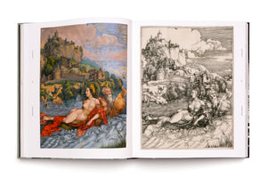An open art book displaying a two-page spread of Albrecht Dürer's The Sea Monster. On the left is the artwork as a full-color painting, and on the right is the same scene as a black and white engraving, showing a mythological creature carrying a woman through the water in front of a coastal castle.