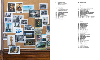 An open book with a two-page spread. The left page shows a photograph of a large corkboard covered in a collage of pinned images, including portraits, landscapes, and architectural photos. The right page is a table of contents, listing chapters and artists for an exhibition.