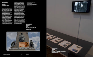 An exhibition layout for Mykola Ridnyi's artwork Temerari. On the left is a black catalog page with descriptive text and a still image from the video. On the right is an installation view showing a video playing on a wall-mounted monitor above a black table displaying a series of related documents and prints.