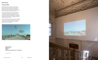 A publication spread featuring Mykola Ridnyi's artwork, Seacoast (2008). On the left, there is descriptive text and a video still of a beach scene where jellyfish are scattered on the shore and floating in the air. On the right, a photograph shows the video projected onto the wall of an elegant room with an ornate ceiling and a staircase in the foreground.